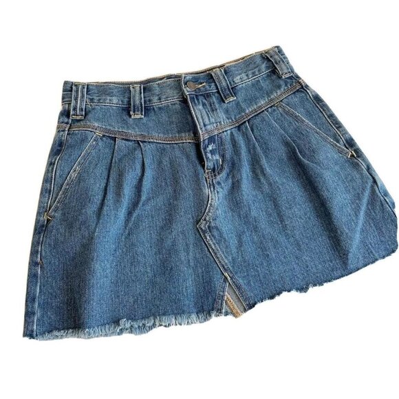 Free People Womens Side Car Denim Mini Skirt Size 26 Blue Raw Hem Dark Wash New - Picture 1 of 10
